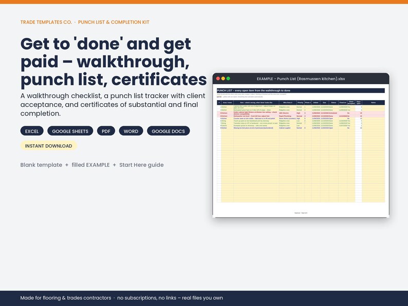 May include: A digital punch list and completion kit template for contractors, featuring a spreadsheet example on a screen. Includes text: Trade Templates Co., Punch List & Completion Kit, Get to 'done' and get paid, Excel, Google Sheets, PDF, Word, Google Docs.