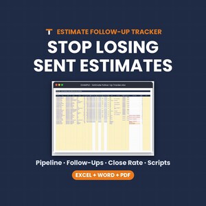 Estimate Follow-Up Tracker, Contractor Sales Pipeline, Close Rate, Lead Tracker, Quote Tracker, Excel Google Sheets image 1