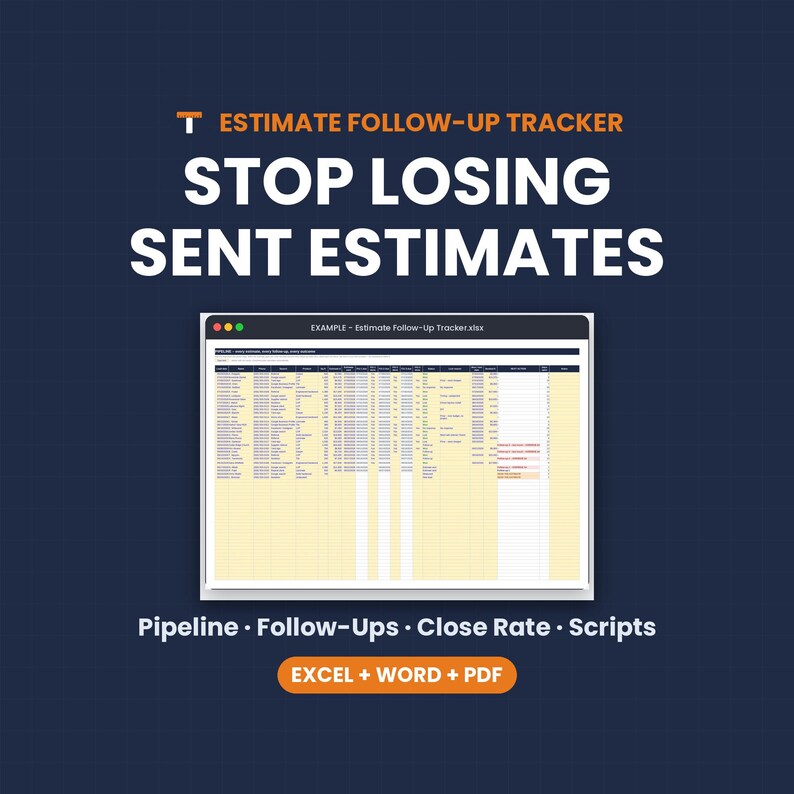 Estimate Follow-Up Tracker, Contractor Sales Pipeline, Close Rate, Lead Tracker, Quote Tracker, Excel Google Sheets image 1