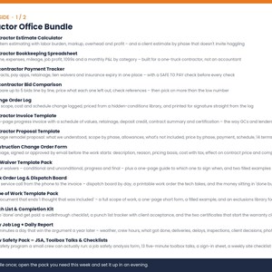 May include: A digital document titled Contractor Office Bundle listing 14 business templates including an estimate calculator, bookkeeping spreadsheet, payment tracker, bid comparison, change order log, invoice, proposal, and safety pack.