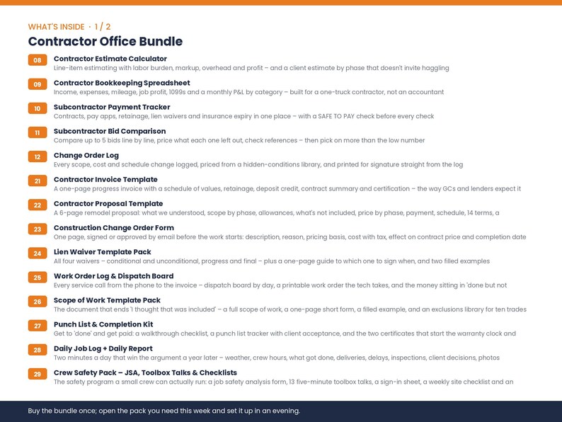 May include: A digital document titled Contractor Office Bundle listing 14 business templates including an estimate calculator, bookkeeping spreadsheet, payment tracker, bid comparison, change order log, invoice, proposal, and safety pack.