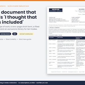 Scope of Work Template, Construction SOW, Exclusions & Assumptions Library, Short Form, Word Google Docs PDF image 2