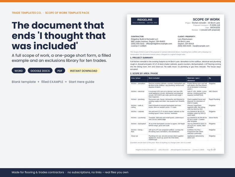 Scope of Work Template, Construction SOW, Exclusions & Assumptions Library, Short Form, Word Google Docs PDF image 2