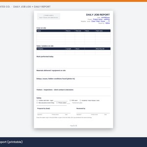May include: A white printable daily job report template with dark blue headers. The document includes sections for crew on site, vendors, work performed, materials, delays, safety checklists, and signature lines for preparation and review.