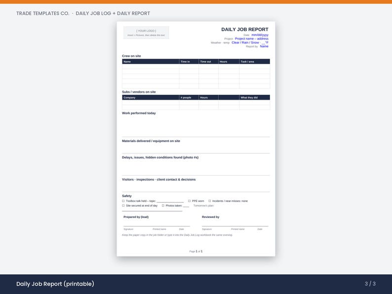 May include: A white printable daily job report template with dark blue headers. The document includes sections for crew on site, vendors, work performed, materials, delays, safety checklists, and signature lines for preparation and review.