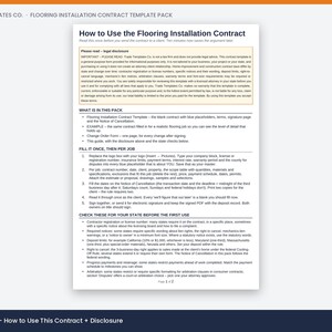 May include: A white document titled How to Use the Flooring Installation Contract from Trade Templates Co. The page contains a legal disclosure box, a list of included items, and numbered instructions for filling out the contract template.