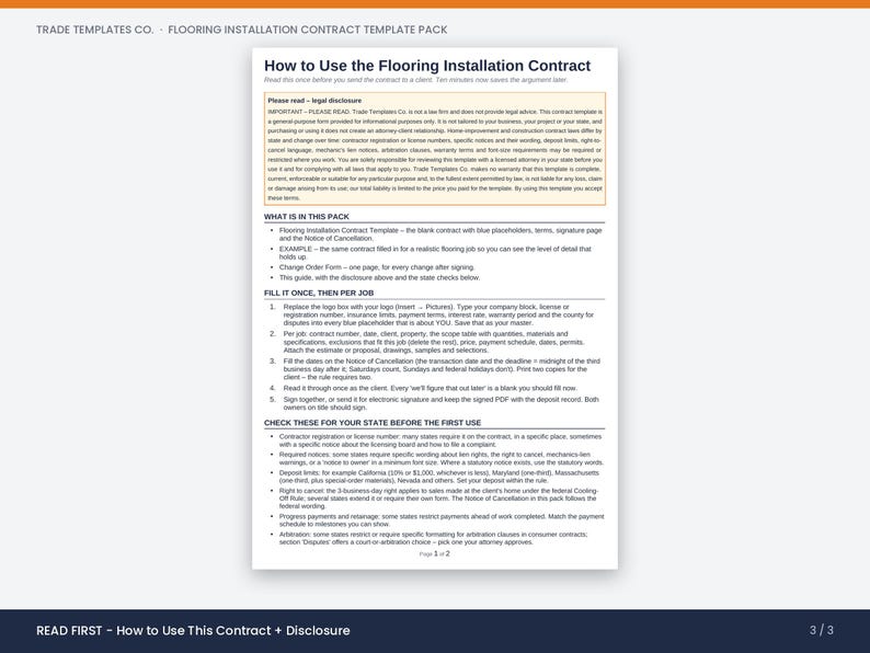 May include: A white document titled How to Use the Flooring Installation Contract from Trade Templates Co. The page contains a legal disclosure box, a list of included items, and numbered instructions for filling out the contract template.