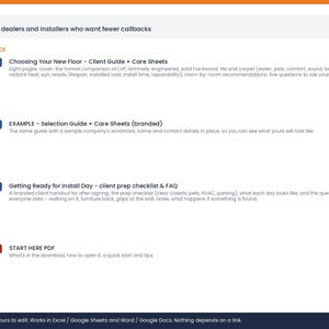 May include: A digital product listing for flooring dealers and installers featuring a list of downloadable files including a client guide, care sheets, a branded selection guide, an installation prep checklist, and a start here PDF document.