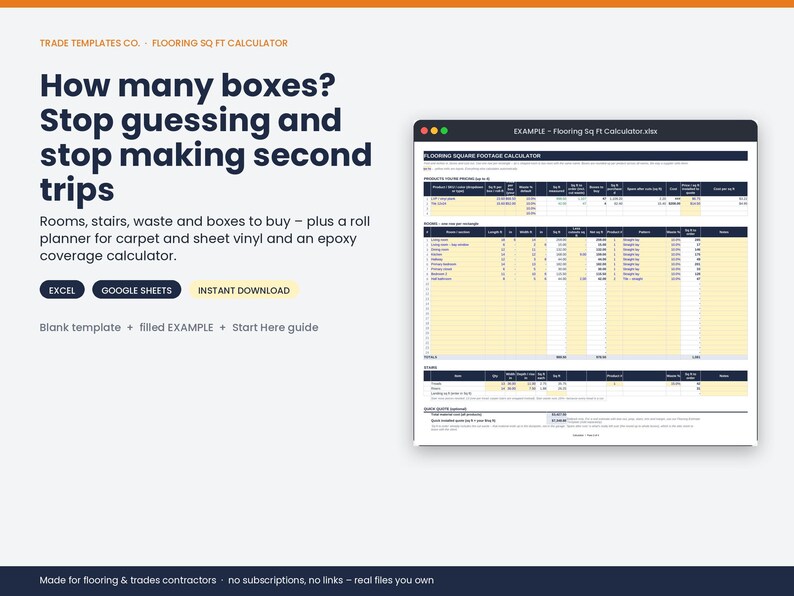 May include: A digital flooring square footage calculator template for Excel and Google Sheets. The interface displays text including How many boxes? Stop guessing and stop making second trips, plus a spreadsheet example with columns for rooms, stairs, waste, and boxes to buy.