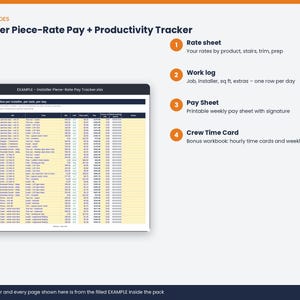 May include: A digital spreadsheet template titled Installer Piece-Rate Pay + Productivity Tracker. It includes a work log example, a rate sheet, a pay sheet, and a crew time card. The interface displays columns for date, installer, job, task, quantity, unit, rate, pay, hours, and notes.