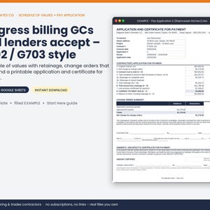 May include: A digital template for construction progress billing featuring a G702 and G703 style application and certificate for payment. The document includes sections for contract sums, change orders, retainage, and contractor certification fields.