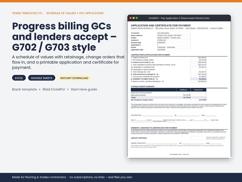 May include: A digital template for construction progress billing featuring a G702 and G703 style application and certificate for payment. The document includes sections for contract sums, change orders, retainage, and contractor certification fields.