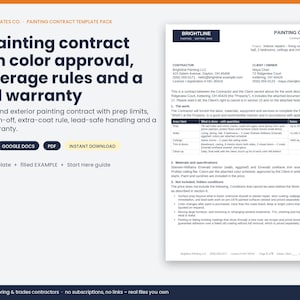May include: A digital painting contract template pack featuring a document titled Painting Contract with sections for contractor and client details, work scope, materials, and specifications. Includes text for Word, Google Docs, and PDF formats.