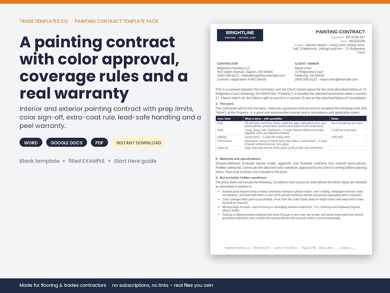 May include: A digital painting contract template pack featuring a document titled Painting Contract with sections for contractor and client details, work scope, materials, and specifications. Includes text for Word, Google Docs, and PDF formats.