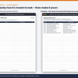 May include: A digital spreadsheet template for a flat-rate price book, displayed in two versions: a blank form and a filled example. Both documents feature a dark blue header with the text SERVICE PRICE LIST and columns for Code, Service, What's Included, and Price.