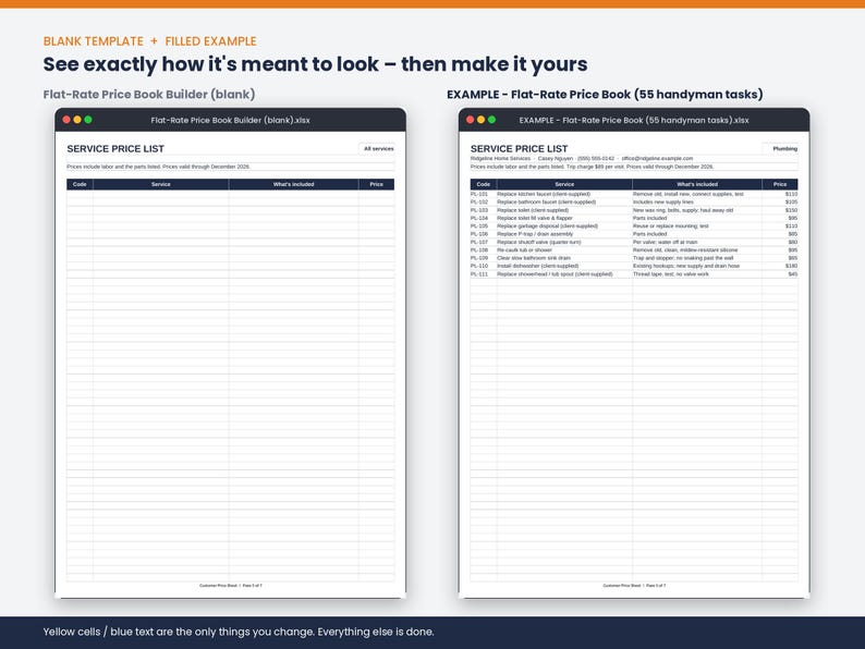 May include: A digital spreadsheet template for a flat-rate price book, displayed in two versions: a blank form and a filled example. Both documents feature a dark blue header with the text SERVICE PRICE LIST and columns for Code, Service, What's Included, and Price.