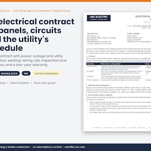 May include: An electrical services contract template pack for panels, circuits, and utility schedules. Includes a document preview for ABC Electric with sections for contractor and client details, scope of work, materials, and exclusions.