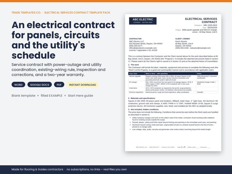 May include: An electrical services contract template pack for panels, circuits, and utility schedules. Includes a document preview for ABC Electric with sections for contractor and client details, scope of work, materials, and exclusions.