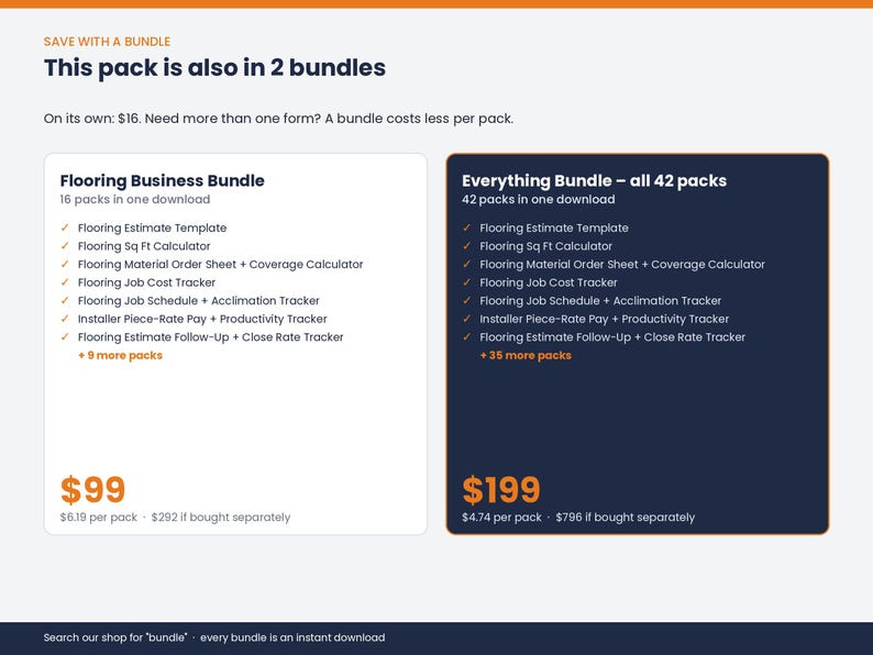 The Flooring Job Schedule + Acclimation Tracker is also included in the Flooring Business Bundle and the Everything Bundle – save with a bundle.