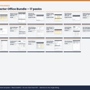May include: A digital Contractor Office Bundle containing 17 packs of business templates. Each pack includes a blank template, a filled example, and a Start Here PDF. The image displays a grid of document previews with text headers.