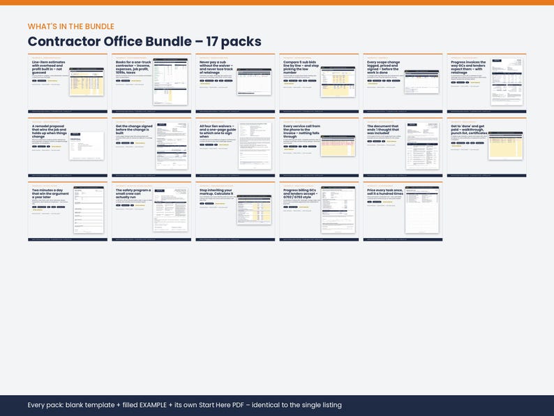 May include: A digital Contractor Office Bundle containing 17 packs of business templates. Each pack includes a blank template, a filled example, and a Start Here PDF. The image displays a grid of document previews with text headers.
