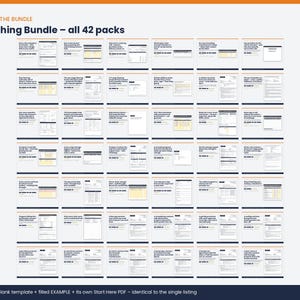 May include: A digital product display titled Everything Bundle &ndash; all 42 packs, featuring a grid of 42 individual document templates. Each entry includes a text header, a preview of a form or spreadsheet, and a Start Here PDF label.