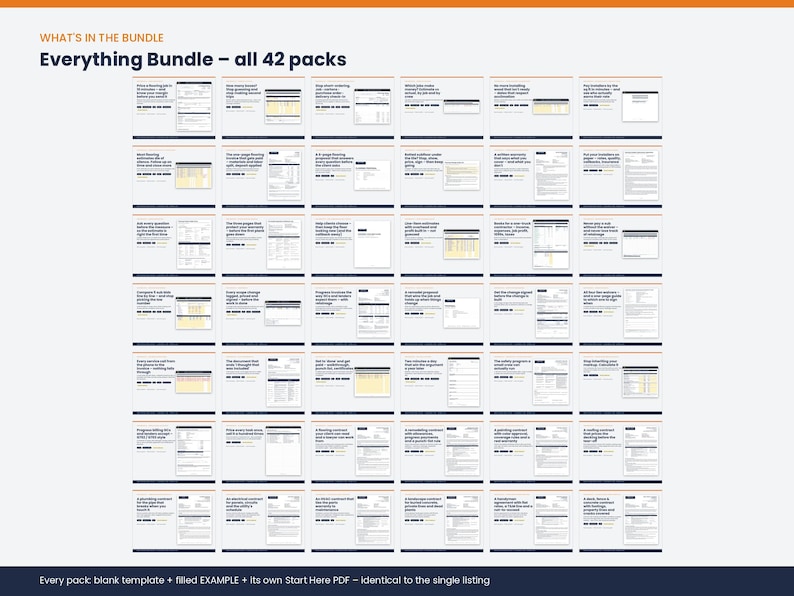 May include: A digital product display titled Everything Bundle &ndash; all 42 packs, featuring a grid of 42 individual document templates. Each entry includes a text header, a preview of a form or spreadsheet, and a Start Here PDF label.