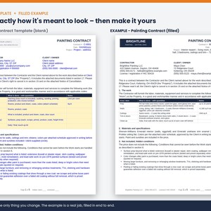 May include: Two white A4-sized documents titled Painting Contract, one blank template and one filled example. Both pages feature black text, blue headers, and tables outlining contractor and client details, project scope, and material specifications.