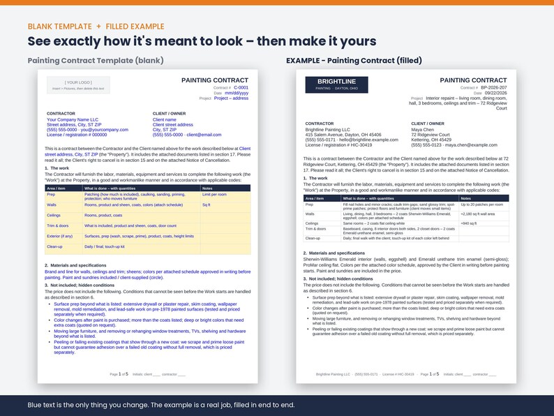 May include: Two white A4-sized documents titled Painting Contract, one blank template and one filled example. Both pages feature black text, blue headers, and tables outlining contractor and client details, project scope, and material specifications.