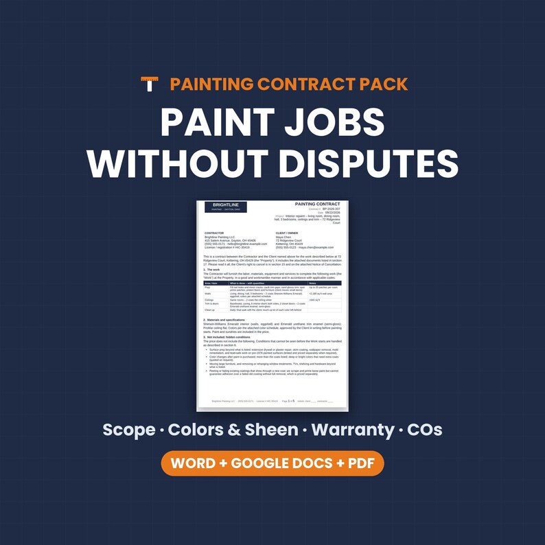 May include: A digital painting contract pack document featuring the text PAINTING CONTRACT PACK, PAINT JOBS WITHOUT DISPUTES, and Scope, Colors & Sheen, Warranty, COs. The document includes sections for contractor and client details, work scope, and terms.