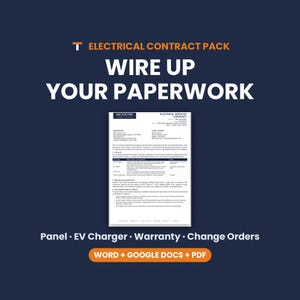 Electrical Contract Template, Electrician Service Agreement, Panel Upgrade EV Charger, Warranty, Word Google Docs PDF image 1
