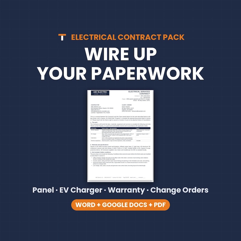 Electrical Contract Template, Electrician Service Agreement, Panel Upgrade EV Charger, Warranty, Word Google Docs PDF image 1