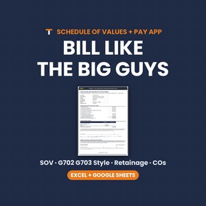 Schedule of Values Template, Pay Application G702 G703 Style, Progress Billing, Retainage, Excel Google Sheets image 1