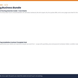 May include: A digital document titled Flooring Business Bundle, listing two components: Client Flooring Selection Guide + Care Sheets and Flooring Installation Contract Template Pack, with descriptive text for each item and a footer note.