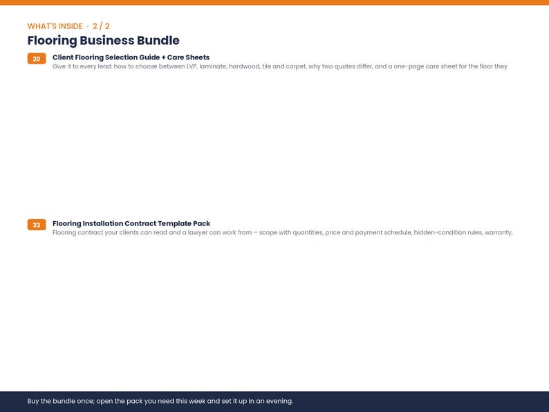 May include: A digital document titled Flooring Business Bundle, listing two components: Client Flooring Selection Guide + Care Sheets and Flooring Installation Contract Template Pack, with descriptive text for each item and a footer note.