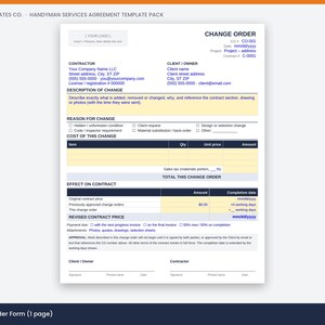 May include: A white single-page Change Order form template with dark blue text and headers. The document includes sections for contractor and client information, description of change, cost breakdown, effect on contract, and signature lines.