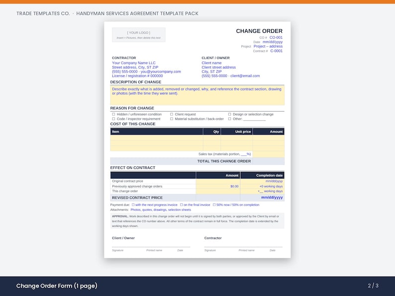 May include: A white single-page Change Order form template with dark blue text and headers. The document includes sections for contractor and client information, description of change, cost breakdown, effect on contract, and signature lines.