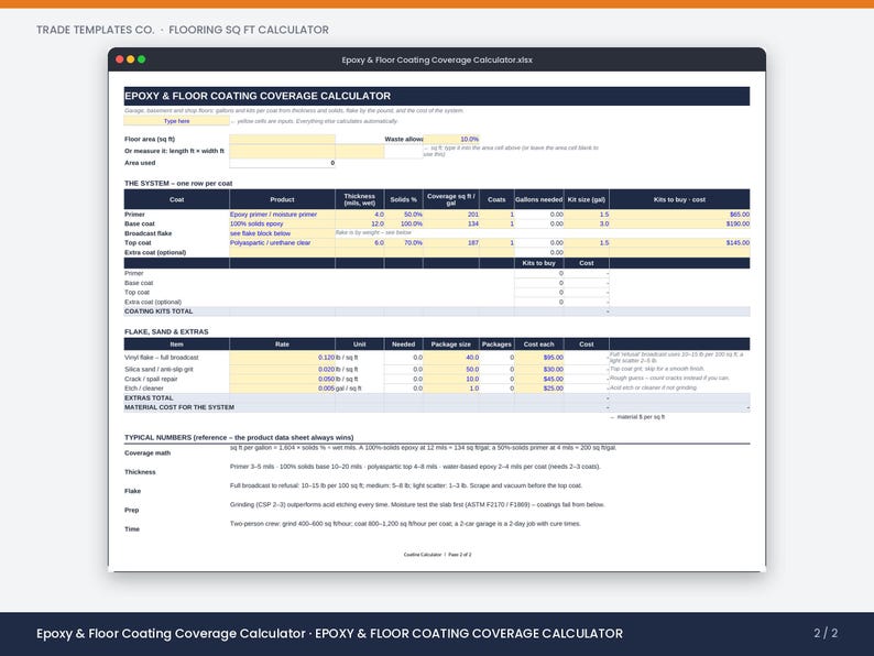 May include: A digital spreadsheet titled Epoxy & Floor Coating Coverage Calculator. The interface features dark blue headers, white cells, and light yellow input fields for calculating floor area, waste allowance, and material costs for coatings.