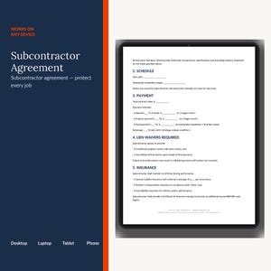 Subcontractor Agreement Template | Editable Construction Sub Contract | Scope Payment Insurance Lien Waiver Clauses | Word PDF imagen 2