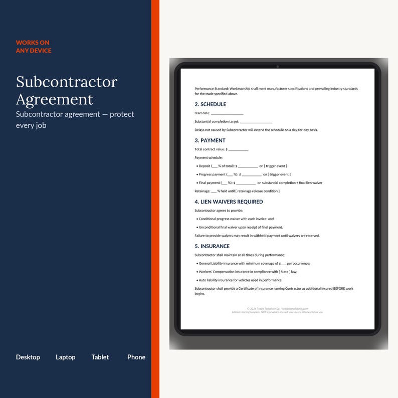 Subcontractor Agreement Template | Editable Construction Sub Contract | Scope Payment Insurance Lien Waiver Clauses | Word PDF imagen 2
