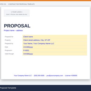May include: A digital contractor proposal template document featuring a white background with dark blue text. It includes fields for client name, property address, company name, date, proposal number, and contact information with a placeholder for a logo.