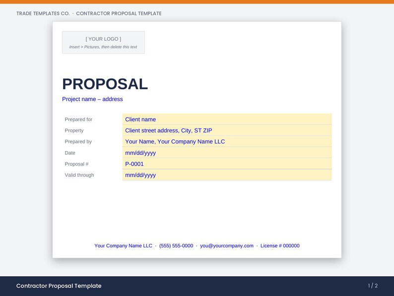 May include: A digital contractor proposal template document featuring a white background with dark blue text. It includes fields for client name, property address, company name, date, proposal number, and contact information with a placeholder for a logo.
