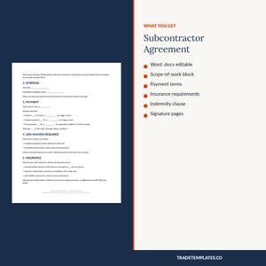 Subcontractor Agreement Template | Editable Construction Sub Contract | Scope Payment Insurance Lien Waiver Clauses | Word PDF imagen 5