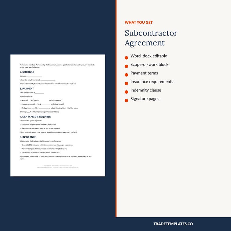 Subcontractor Agreement Template | Editable Construction Sub Contract | Scope Payment Insurance Lien Waiver Clauses | Word PDF imagen 5