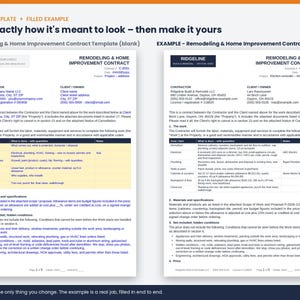 May include: A digital document template for a Remodeling & Home Improvement Contract, showing a blank version on the left and a filled-out example on the right. The text includes sections for contractor and client details, scope of work, and terms.