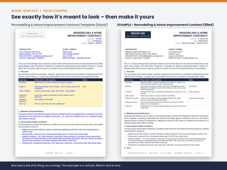 May include: A digital document template for a Remodeling & Home Improvement Contract, showing a blank version on the left and a filled-out example on the right. The text includes sections for contractor and client details, scope of work, and terms.