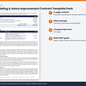 May include: A Remodeling & Home Improvement Contract Template Pack featuring a 5-page contract with 18 sections, a filled example for a kitchen project, a one-page Change Order Form, and a READ FIRST guide covering deposit caps and arbitration.