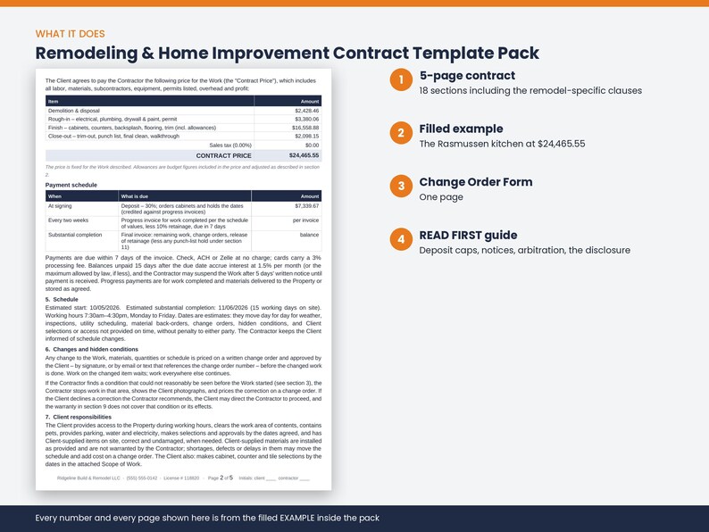 May include: A Remodeling & Home Improvement Contract Template Pack featuring a 5-page contract with 18 sections, a filled example for a kitchen project, a one-page Change Order Form, and a READ FIRST guide covering deposit caps and arbitration.