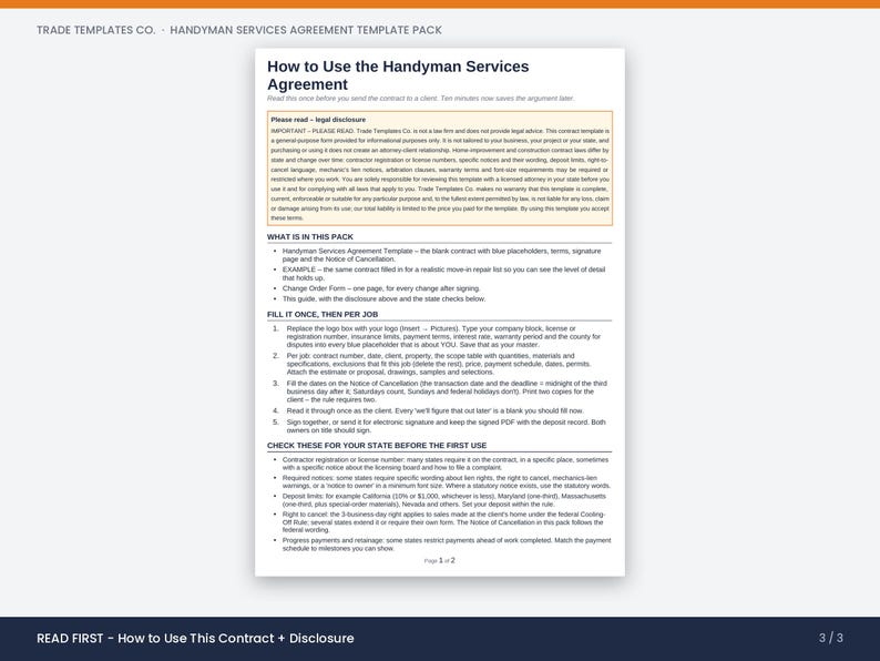 May include: A white document titled How to Use the Handyman Services Agreement with black text. It includes a legal disclosure box, a list of contents in the pack, and numbered instructions for filling out the contract and checking state requirements.
