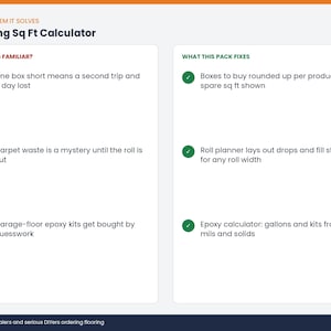 May include: A digital infographic titled Flooring Sq Ft Calculator. The left column, Sounds Familiar, lists three common flooring problems with red X icons. The right column, What This Pack Fixes, lists three solutions with green checkmark icons.